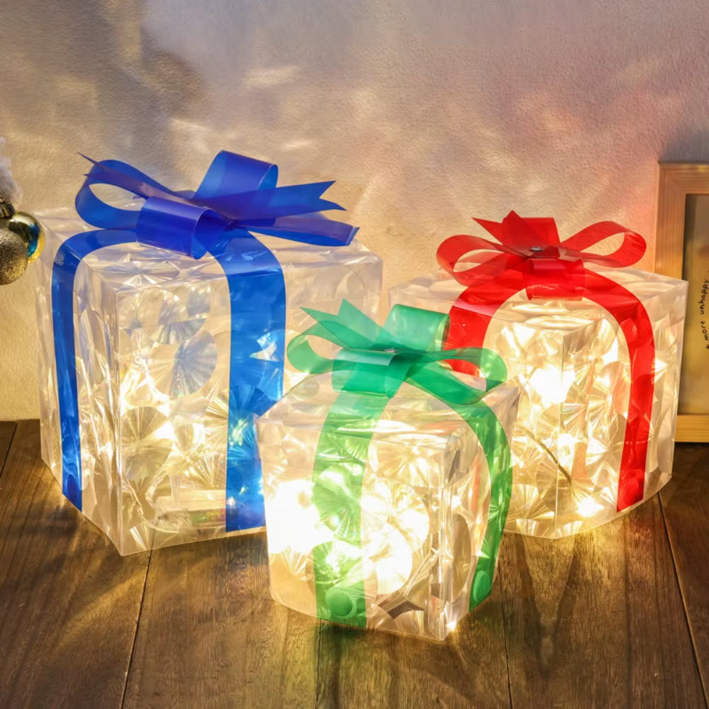 3Pcs/Set PVC Christmas Gift Box Set Luminous with Bow Ribbon Light up Present Boxes Folding Christmas Glowing Decoration Outdoor