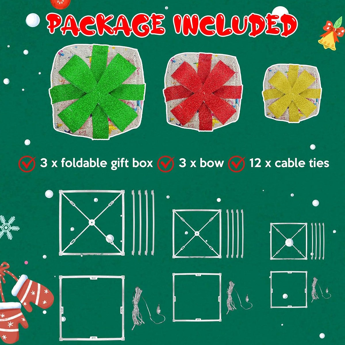 Set of 3 Christmas Lighted Gift Boxes, Pre-Lit 48 LED Light up Present Boxes Orn