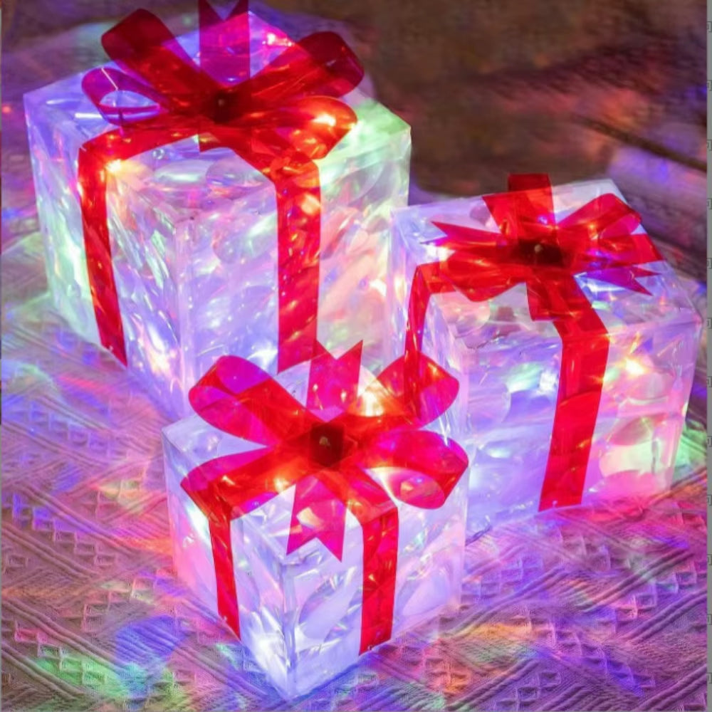 3Pcs/Set PVC Christmas Gift Box Set Luminous with Bow Ribbon Light up Present Boxes Folding Christmas Glowing Decoration Outdoor