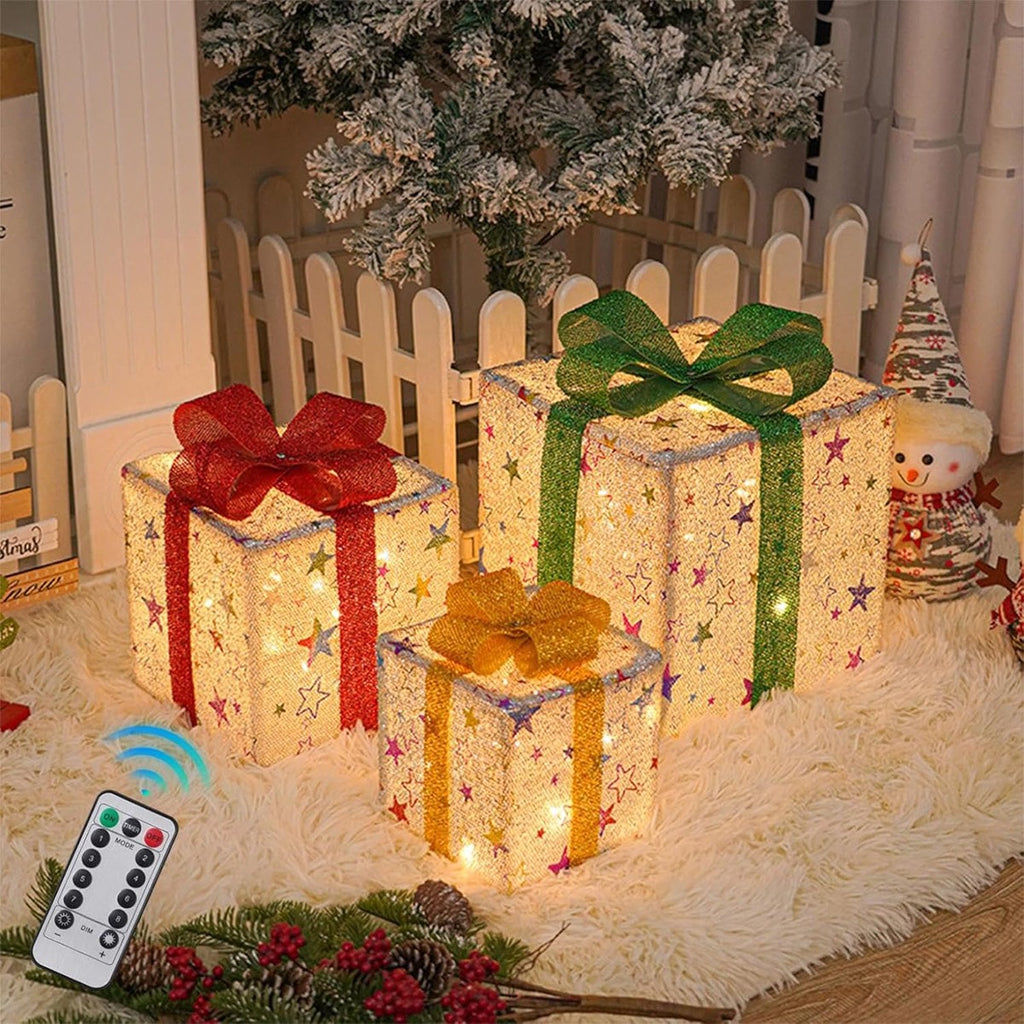 Set of 3 Christmas Lighted Gift Boxes, Pre-Lit 48 LED Light up Present Boxes Orn