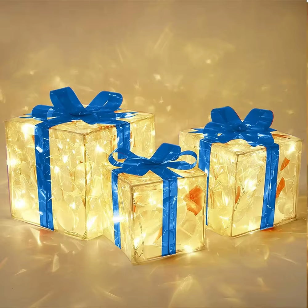 3Pcs/Set PVC Christmas Gift Box Set Luminous with Bow Ribbon Light up Present Boxes Folding Christmas Glowing Decoration Outdoor
