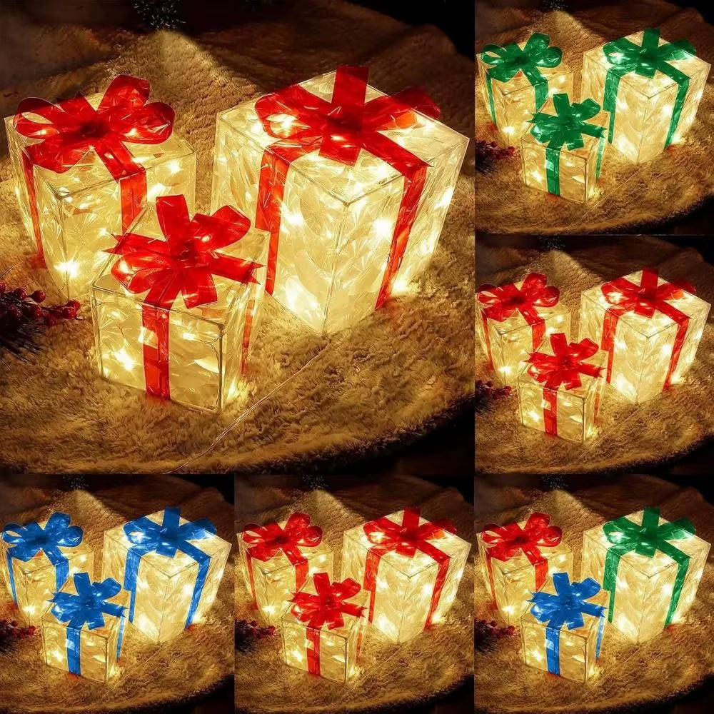 3Pcs/Set PVC Christmas Gift Box Set Luminous with Bow Ribbon Light up Present Boxes Folding Christmas Glowing Decoration Outdoor