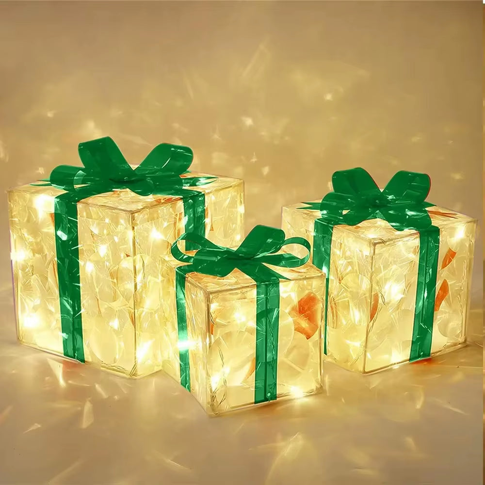 3Pcs/Set PVC Christmas Gift Box Set Luminous with Bow Ribbon Light up Present Boxes Folding Christmas Glowing Decoration Outdoor